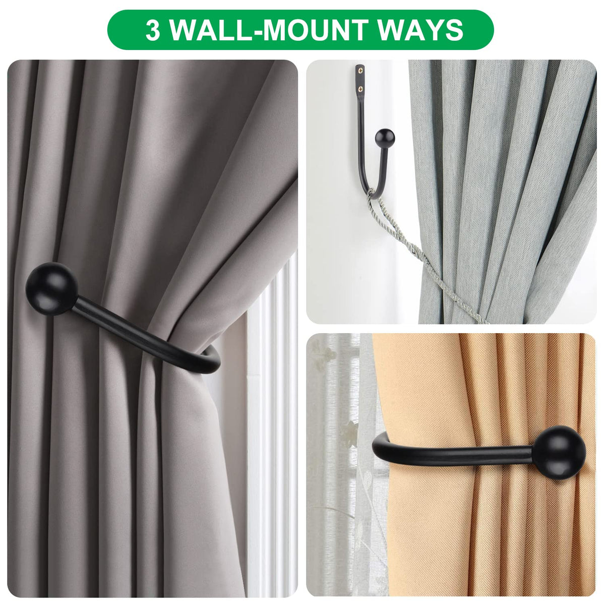 Curtain Holdbacks, 4pcs Curtains Holder Wall Mounted Drapery Tiebacks Retro Window Hook for Home Decor, Matte Black
