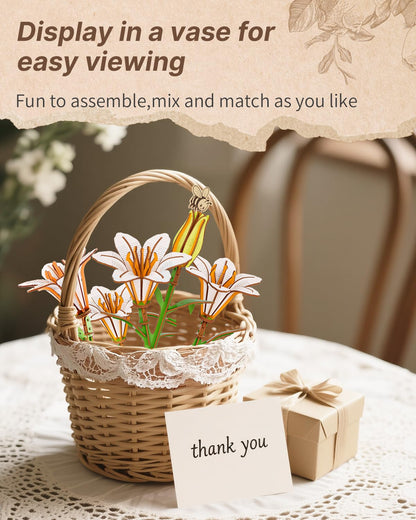 KAAYEE 3D Flower Wooden Puzzles for Adults, 70 PCS Wood Lily DIY Craft Kit Brain Teaser Creative Gift for Puzzle Lovers Home Decors Fake Flowers for Table, Desk, Office