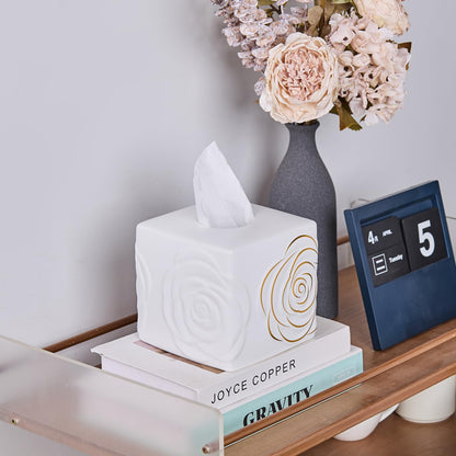 White Ceramic Cube Tissue Box Cover with Gold Rose – Large Elegant Rose Floral Square Decorative Tissue Box Holder for Bathroom, Bedroom, Office Desk, Kitchen Counter – Perfect Housewarming Gift