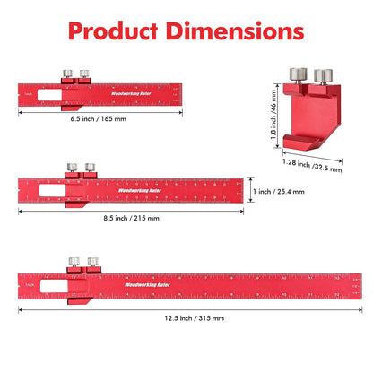 Draxzor 3PCS Woodworking Ruler Set, Precision Pocket Ruler with Adjustable Slide Stop, Aluminum Alloy Measuring Tool for Marking & Scribing, Metal T-Track Square Rulers, Inch and Metric (6", 8", 12")