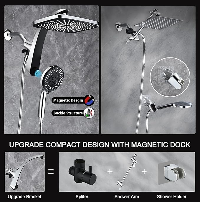 BOZYBO Rain Shower Head with Handheld: High Pressure Shower Heads with Handheld Spray Combo, 12" Rainfall Shower Head and 9 Sprays Hand Showerheads with Magnetic Docking and Power Jets, Chrome 1.75GPM