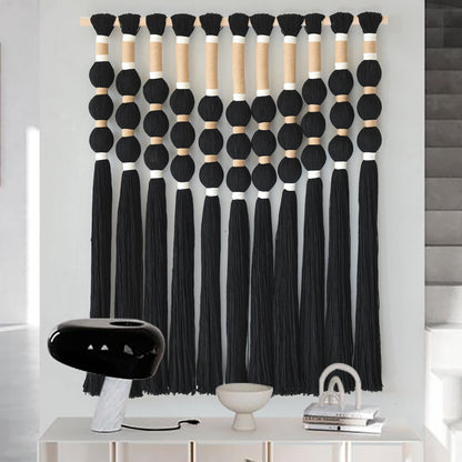 Macrame Wall Hanging Boho Wall Decor Black Fiber Yarn Wall Art Handmade Cotton Spherical Knot for Living Room Bedroom Nursery Office Home Decor27" W x 33" L