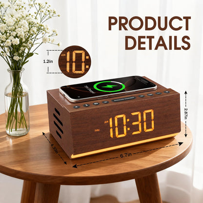 Hoifen Wooden Digital Alarm Clock with Bluetooth Speaker, Wireless Charging, FM Radio, Night Light, Auto Time Sync, Dual Alarms, USB Port, 9-Min Snooze for Bedroom, Desk, Bedside Clock Home Decor Gift