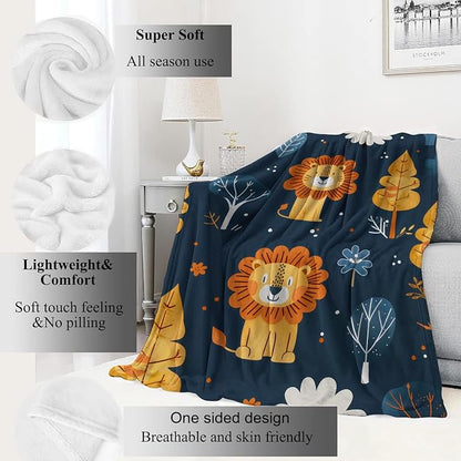Lion Blanket Cute Cartoon Jungle Tree Throw Blankets,Birthday Gifts for Kids Adult & Animal Lovers,Lightweight Soft Fleece,for Sofa Couch Bed Room Rustic Safari-Themed Decor 50x60in