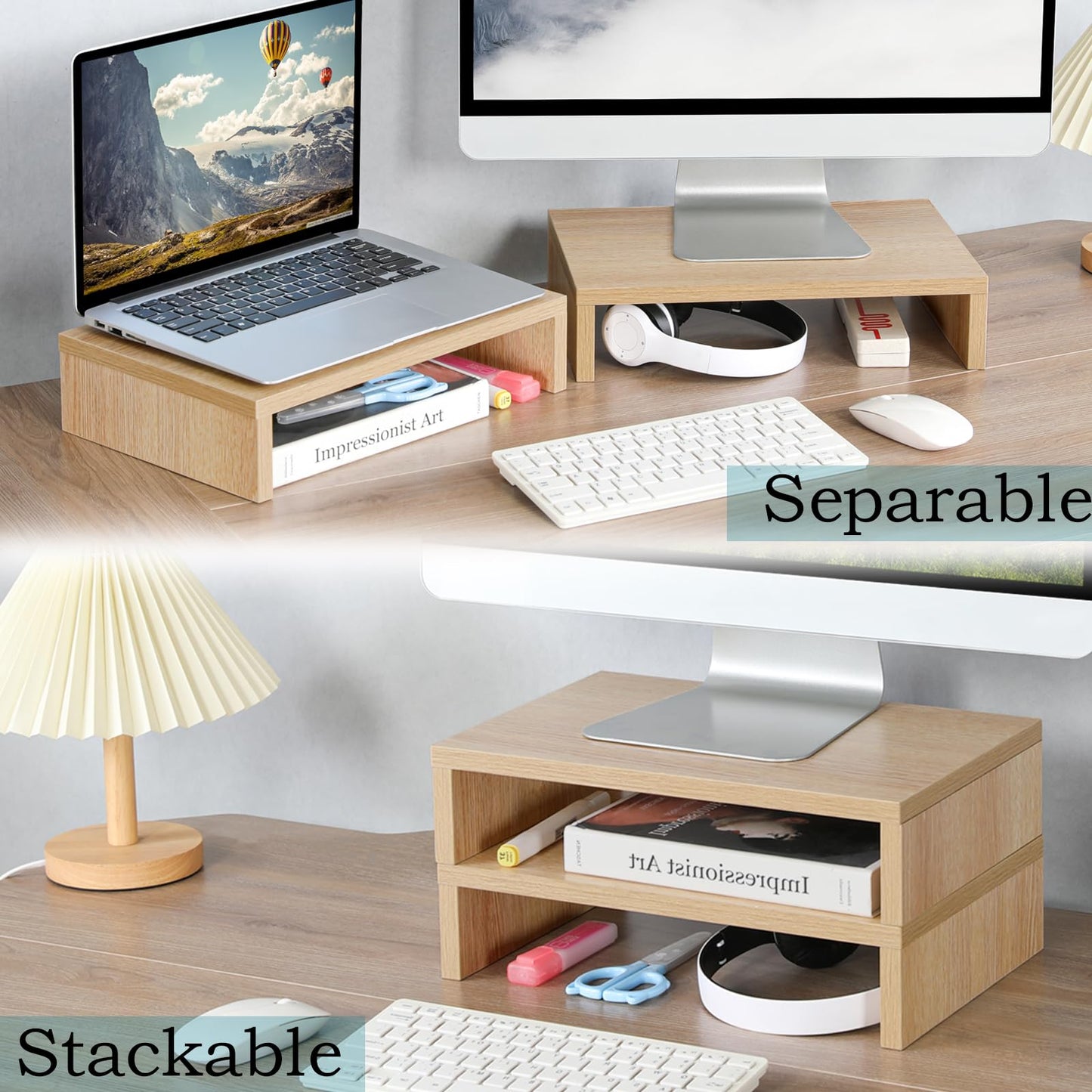 TEAMIX Wood Monitor Stand Riser - 2 Pack Adjustable Dual Monitor Riser for Laptop/PC