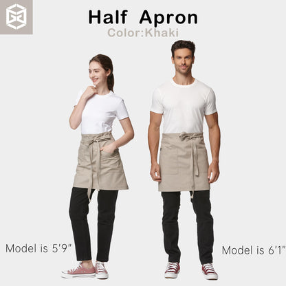 Guolamy Unisex Waist Apron Half Bistro Apron Server Aprons with Pockets Waterproof 4251BY(Khaki,1Pack