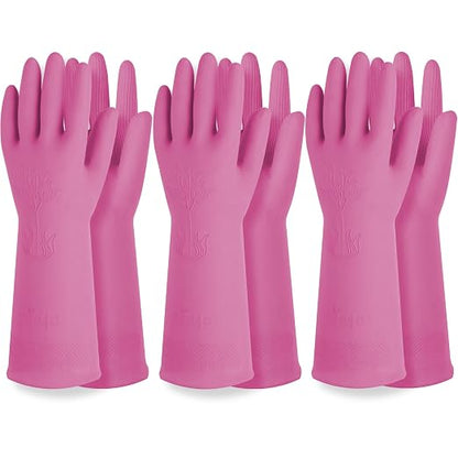 DABOGOSA Reusable Waterproof Household Dishwashing Cleaning Rubber Gloves, Non-Slip Kitchen Glove (Pink, Small (Pack of 3))
