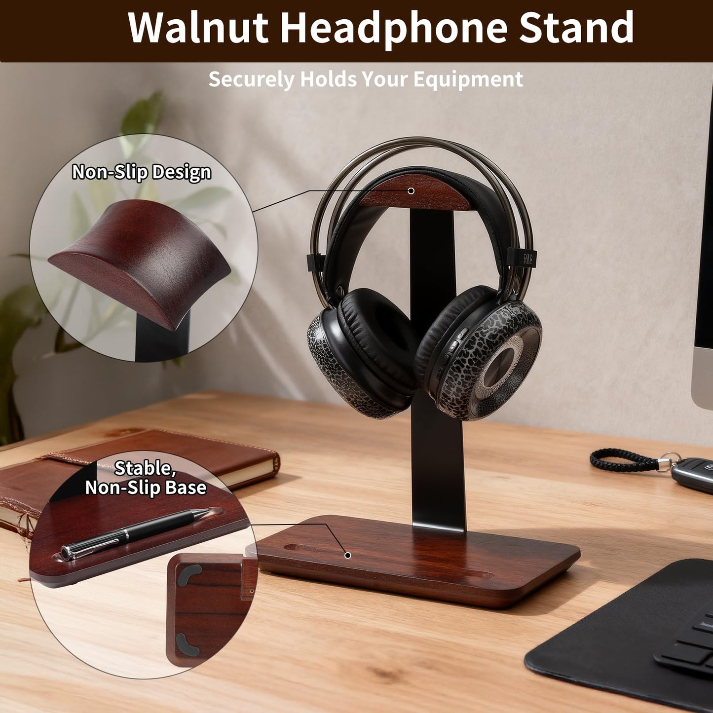Vruelia Walnut Wood Headphone Stand with Pen Holder