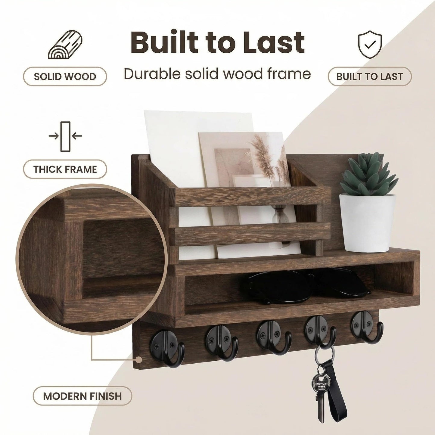 SHAXIXI Key Rack Wall Mount - Mail Organizer with 5 Key Hooks, Paulownia Wood, 11.8x7.1 Inch, Apartment Wall Decor, Includes Mounting Accessories (Brown)