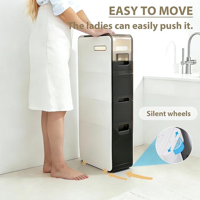BGYMF Ultra Thin 4-Tier Slim Bathroom Storage Cabinet, Slim Cabinet for Bathroom, Narrow Rolling Cart with Wheels, White Plastic Organizer for Small Space, Kitchen, Laundry, Living Room, Corner