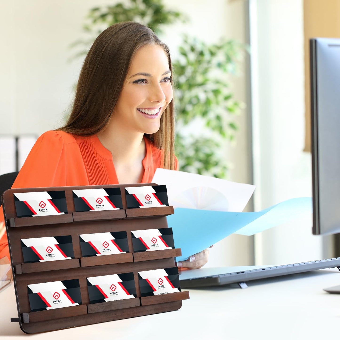 Leinuosen 3 Tie Wood Business Card Holder for Desk 9 Slot Wooden Business Card Display Stand Multiple 3 Tie Detachable Organizer for Desktop Office Home Exhibition Meeting (9.45 x 13 Inch)