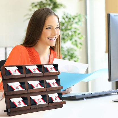 Leinuosen 3 Tie Wood Business Card Holder for Desk 9 Slot Wooden Business Card Display Stand Multiple 3 Tie Detachable Organizer for Desktop Office Home Exhibition Meeting (9.45 x 13 Inch)