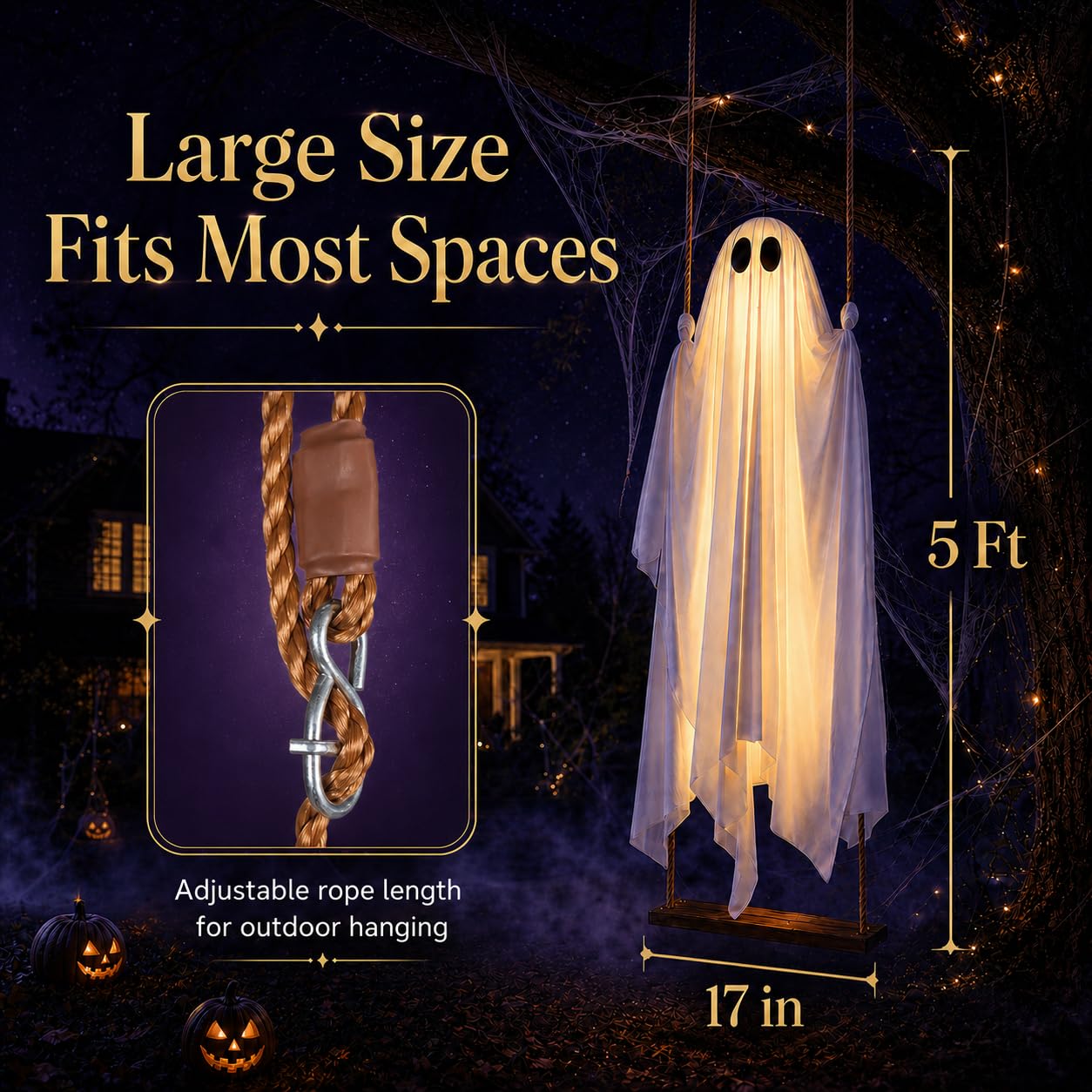 Halloween Decorations Outdoor - 5FT Large Hanging Swing Ghost with Remote Control String Lights & Upgraded Sheet, Scary Ghost Halloween Party Decor Outside for Tree Porch Yard Garden Lawn