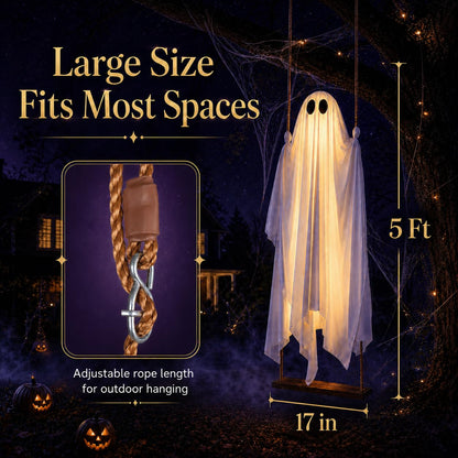 Halloween Decorations Outdoor - 5FT Large Hanging Swing Ghost with Remote Control String Lights & Upgraded Sheet, Scary Ghost Halloween Party Decor Outside for Tree Porch Yard Garden Lawn