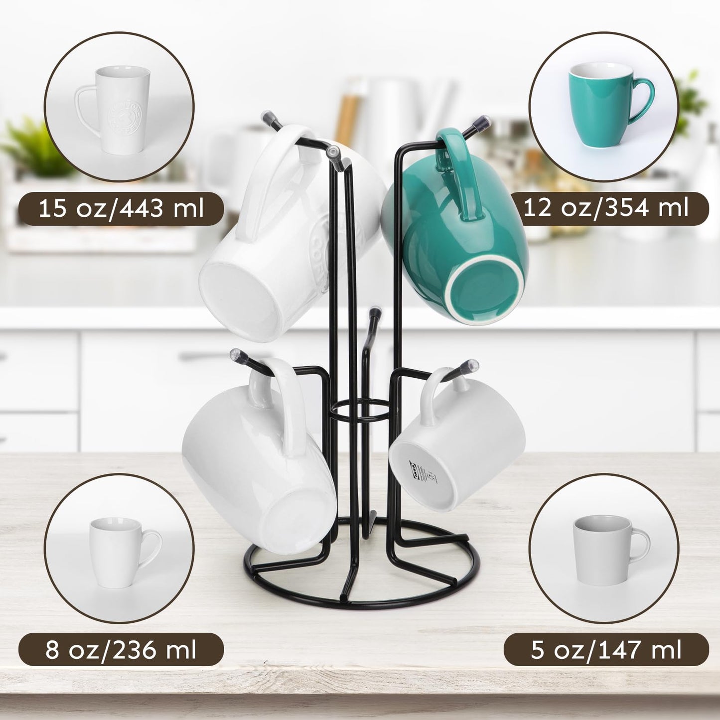 HULISEN Mug Tree for Large Cups, Counter Coffee Mug Holder with 6 Hooks, Metal Coffee Cup Holder Tree, Standing Rack for Countertop, Kitchen Counter Decor, Black