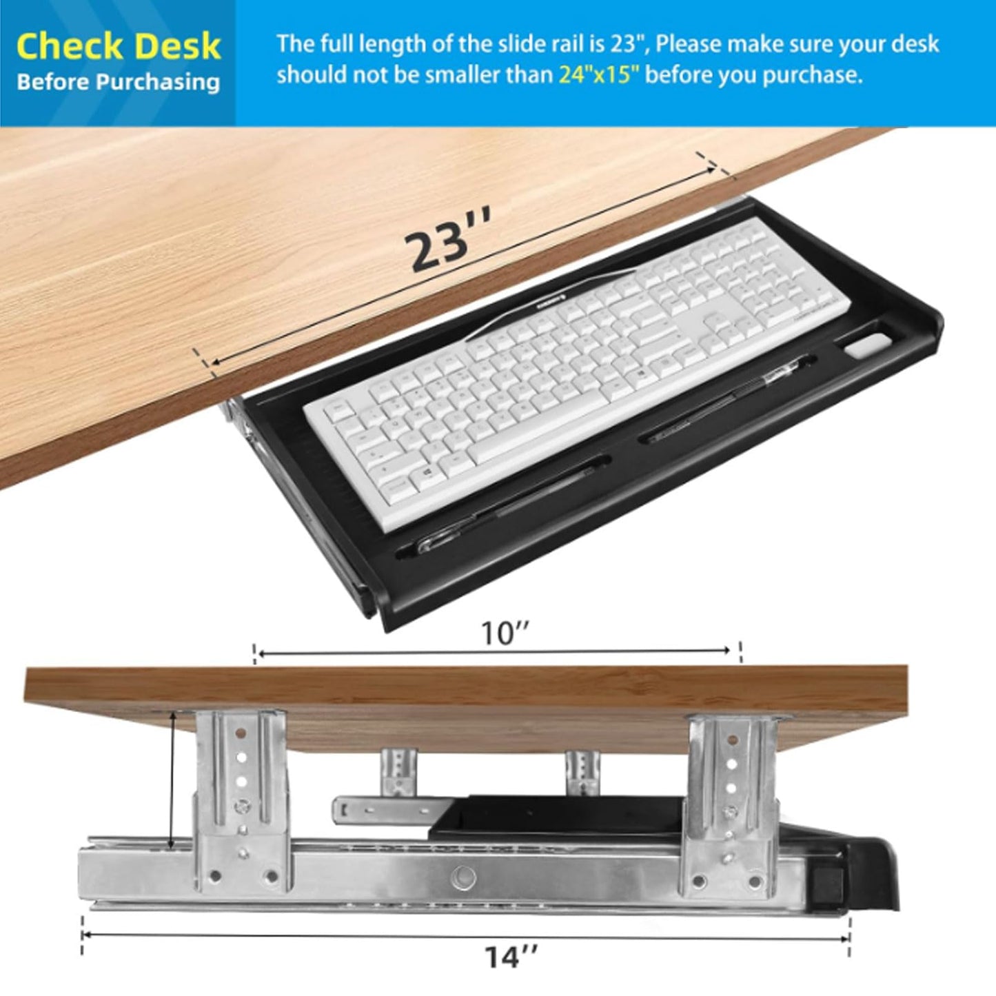 TOOCUST Under Desk Keyboard Tray, 20" Wx11"D Sturdy Key Board Tray Under Desk Slide with Pen Tray, Desk Extender with Pen Holder,Black