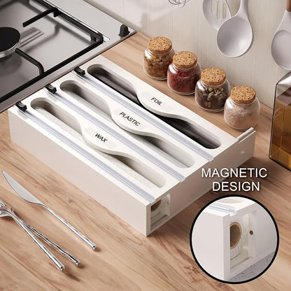 Wrap Dispenser with Cutter and Labels, Plastic Wrap Organizer For Kitchen,Bamboo 3-in-1 Wrap Dispensers for Cling Wrap Aluminum Foil and Wax,Storage Organization Holder（White）