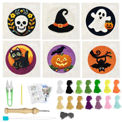 ACRNIGHEET 6Pcs Punch Needle Kits for Adults Beginners Include Instructions, Halloween Punch Needle Embroidery Kit, Pre-Printed Pattern, Embroidery Hoop, Yarns, Needles, DIY Crafts Gifts Idea