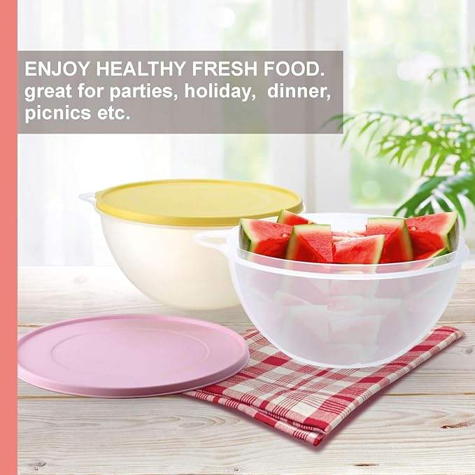 SIGNORA WARE Large Food Storage Containers with Lids Set of 2 – Durable Food Containers with Lids Airtight – Food Grade Non-BPA Plastic Salad Bowl with Lid Leftover Containers – Nestable Design