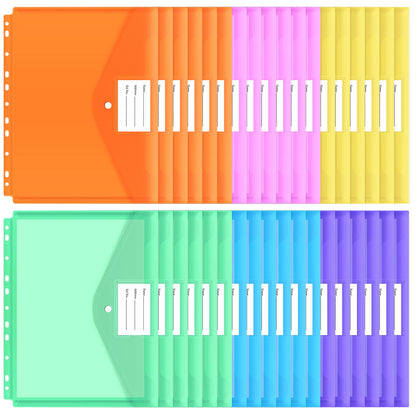 EOOUT 30pcs Binder Sleeves, Binder Pockets for 3 Ring, Binder Folders, 11 Holes, Letter Size, Snap Button Pouch with Label for School, Home and Office