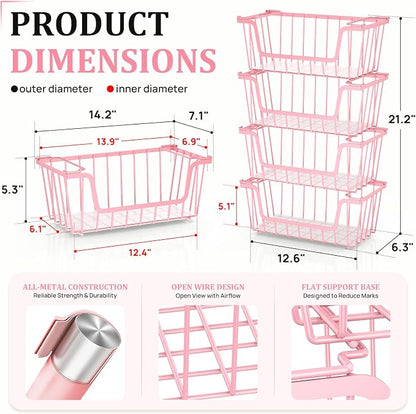 SUNALLY Stackable Storage Bins 4 Pcs Wire Baskets for Pantry Organizers and Storage, Vegetable Fruit Storage Basket for Countertop Organizer,Kitchen Baskets for Onion Potato Snack Cans Storage,Pink