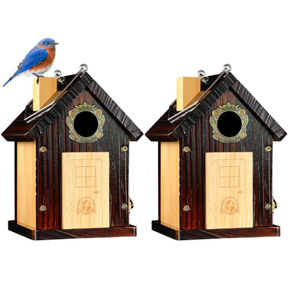 SISTERBIRD Pack of 2 Premium Bluebird Houses for Outside, All Seaons Bird Houses for Outside, Wooden Cabin Birdhouses for Outdoors, Weatherproof Courtyard Decorated Hanging Bird House