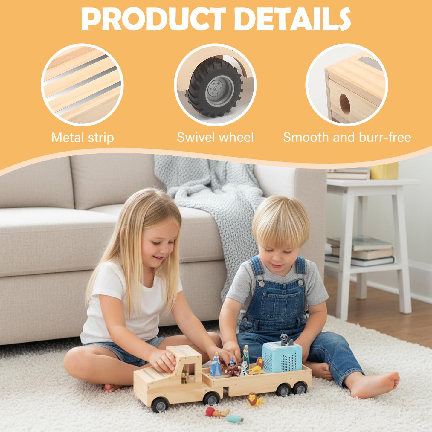 Taladad Storage & Play Car for Toniebox 2/1 and Tonie Figures Storage Shelf (Wooden Trailer), Magnetic Shelves Compatible with Tonie Box Player Character for Children Room (Natural, Wooden Trailer)