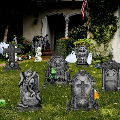 Graveyard Halloween Decorations Outdoor Tombstones: 6ct Large Tombstone Halloween Yard Signs with Stakes, 16" Realistic Scary Skeleton RIP Gravestones Lawn Cemetery Decor Outside for Kids Home Party