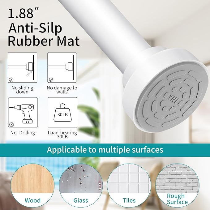 YNL Tension Shower Curtain Rod 34-96 Inches（2.8-8ft) Adjustable Spring Shower Rod No Drilling, Non-Slip, Never Rust, Stainless Steel, Suitable for Bathroom Window Kitchen,White