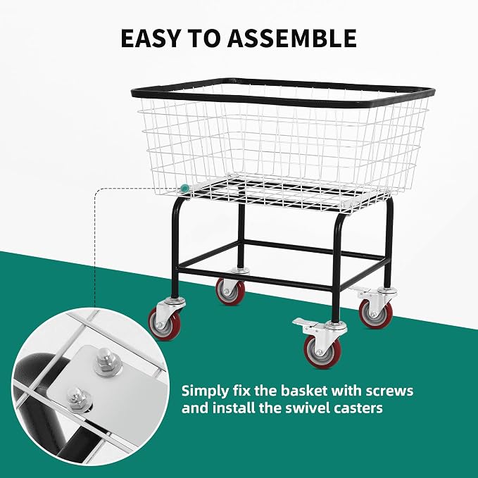 Large Rolling Laundry Cart with Wheels Holds 2 Washer Loads, Wire Laundry Basket, Heavy-Duty Steel Storage Basket with Galvanized Finish, for Commercial or Home Laundry
