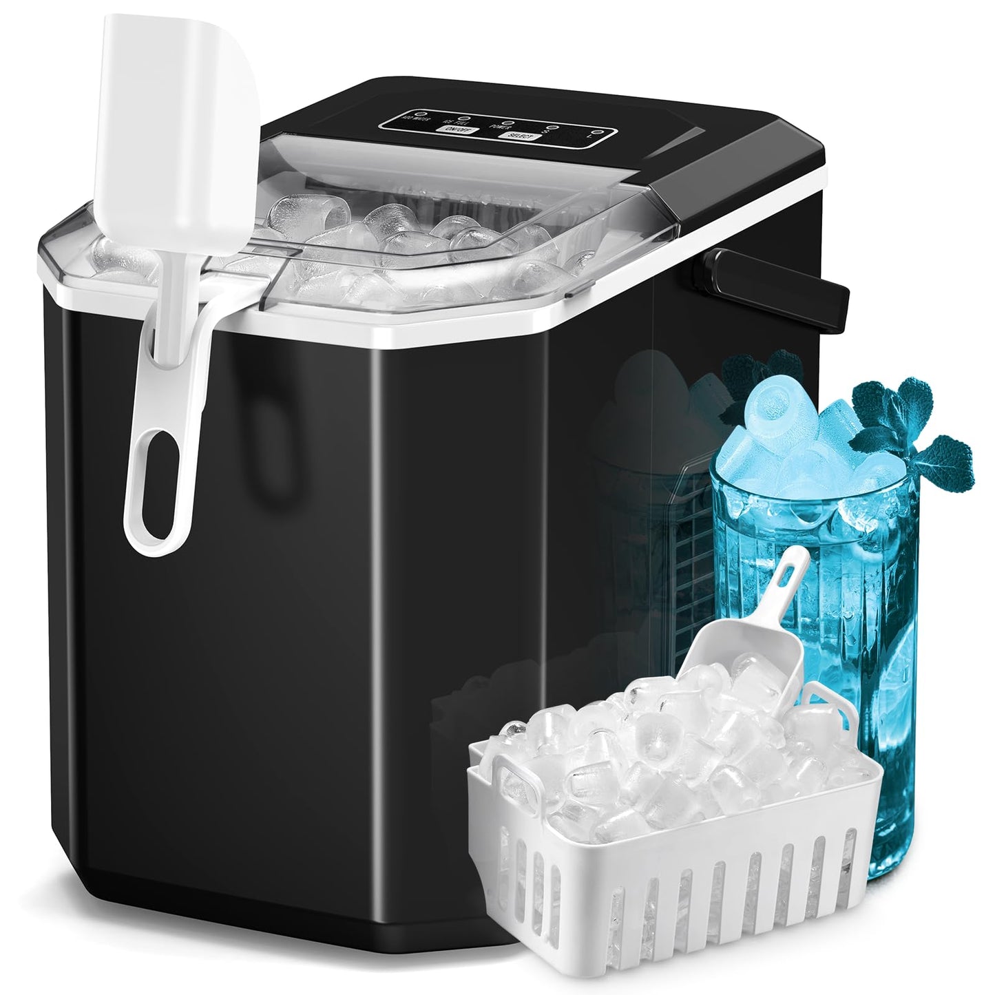 ZAFRO Countertop Ice Maker, 26.5Lbs/24H, 9 Bullet Cubes in 6 Mins, Self-Cleaning Portable Ice Machine with 2 Ice Sizes (S/L), Quiet Compact Design, Double Handles, for Home, Party, RV, Camping, Black