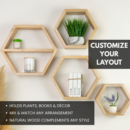LABEND HOME Hexagon Floating Shelves Set of 4 - Solid Wood Wall Mounted Shelves - Honeycomb Geometric Display Shelves for Living Room, Bedroom, Kitchen - Natural Wood Finish -Includes Hardware & Level