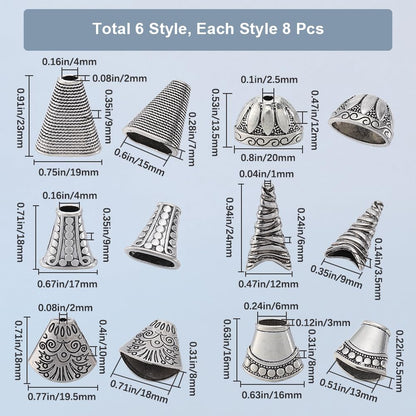 SOFPLATE 48Pcs 6 Styles Cone Bead Caps Spacer Bead Caps Alloy Antique Silver Tibetan Flower Cones Tassel End Beadings Findings for Jewelry Making DIY Bracelet Necklace Earrings Supply Accessories