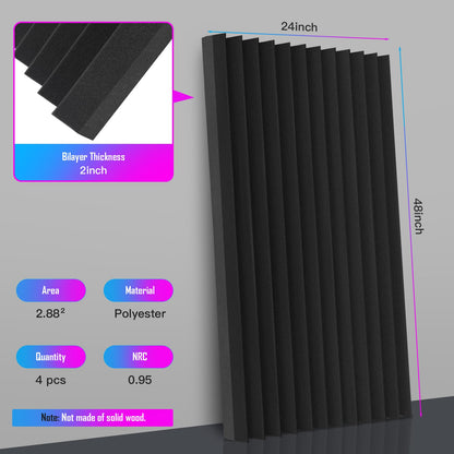 4 Pack Acoustic Foam Panels, 48 x 24 x 2" Sound Proof Foam High Density Studio Wedge Tiles Fire Resistant Acoustic Panels for Home Office, Recording Room, Studio (Black, Black 4 Pack)