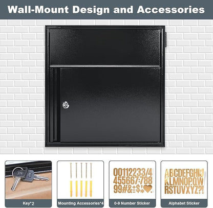 Large Wall Mount Mailbox with Lock and Outgoing Mail Flag for Outside, Steel Locking Security Mail Box with Number Stickers for House Outside, 14.8" x 6.9" x 15.4", Rainproof, Black