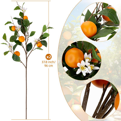 2PCS 37.8Inch Artificial Tangerine Branches Artificial Orange Branches Fake Orange Stem 10 Fruit with 20 White Flowers Long Stem for Home Party Wedding Office Thanksgiving Indoor Outdoor Decor