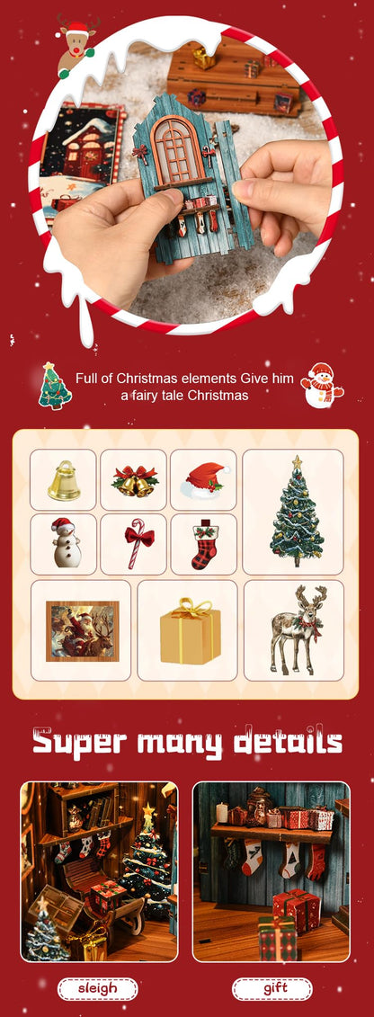 NEXTIPS DIY Mini Book Nook Kit, Snow Realm Wei Pavilion 3D Wooden Puzzle with LED Lights, Christmas Themed Bookshelf Decor, 161 Pcs Adult Craft Model for Home & Gift