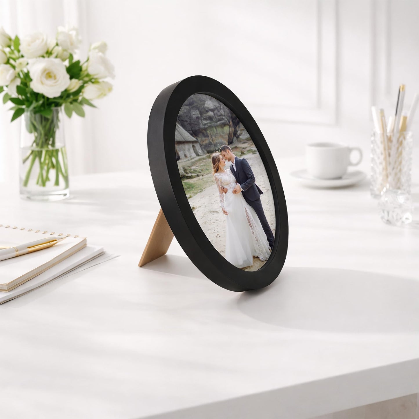 3Pcs Round Picture Frame 8 Inch – Black Wooden Circular Frames for Art, Photo, Canvas, Wall Decor, Tabletop Display or Hanging Mounting Set for Home, Office, Kitchen, Gallery, Wedding Table Holder