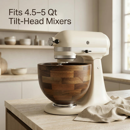 Handcrafted Wood Mixing Bowl for KitchenAid Tilt-Head Stand Mixers, Natural Wooden Bowl with Stainless Steel Base, 4.5–5 Qt, Natural Wood