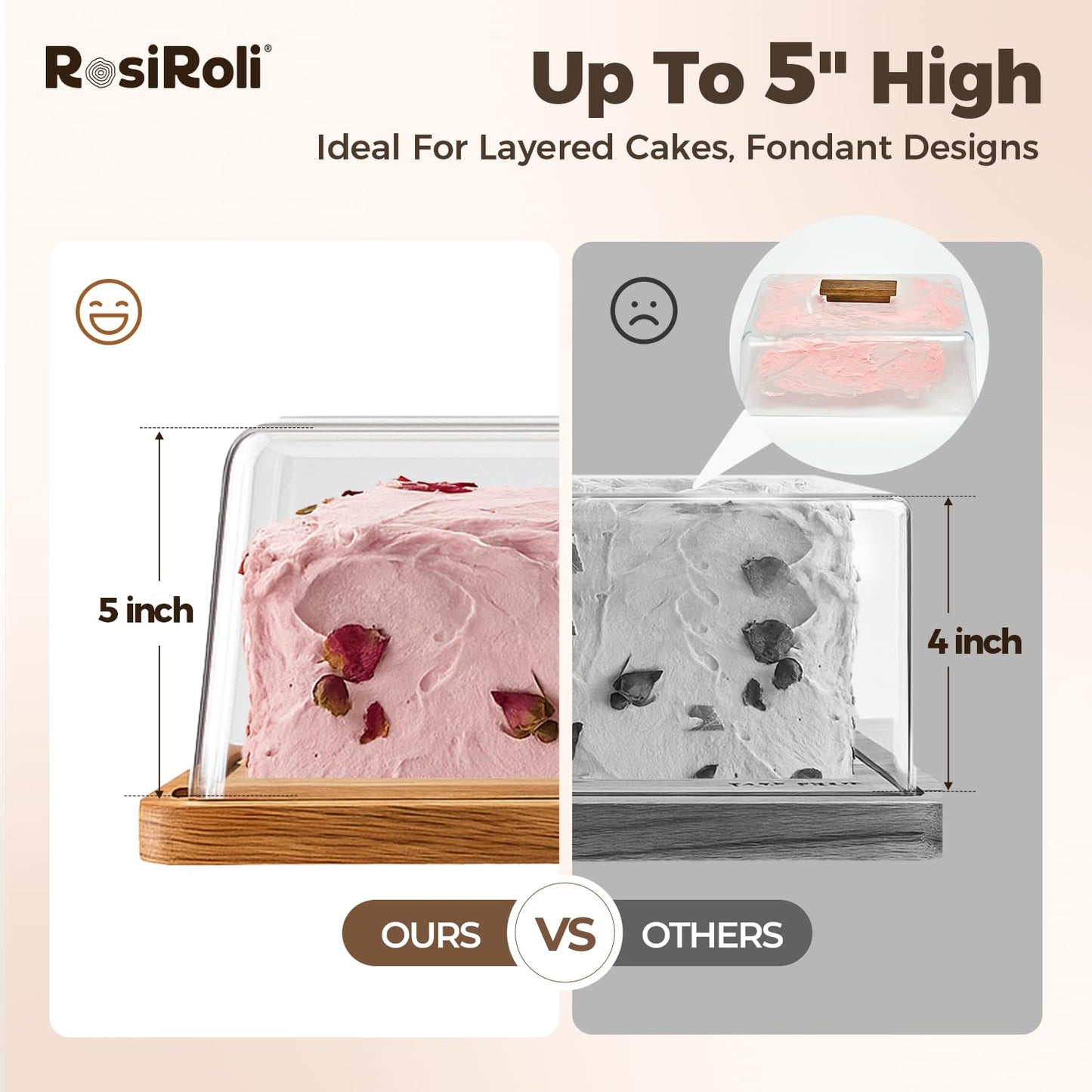 RosiRoli Acacia Wood Cake Stand with Lid, 2-in-1 Rectangular Charcuterie Board & Dessert Display with Shatterproof Acrylic Dome Cover, Serving Platter for Outdoor Entertaining, Wedding Receptions
