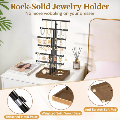 MODOWEY Necklace Holder Organizer Earring Display Stand with Wooden Tray, Metal Adjustable Bracelet Tree Rack for Women Vendor Selling, 6 Tier Tall T Bar Large Storage Tower for Find Jewelry In Second