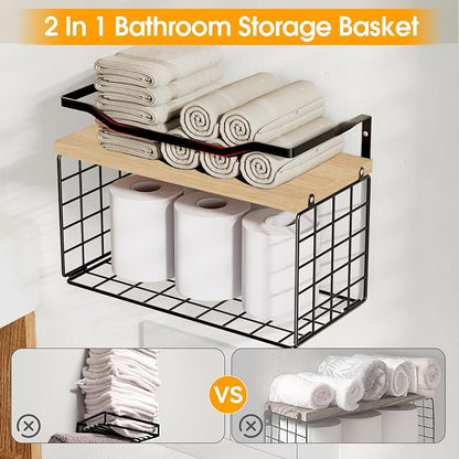 Towel Racks for Bathroom,Towel Rack Wall Mounted, 6 Tier Rolled Or Folded Towel Holder with Floating Shelves, Bathroom Towel Holder for Bath, Hand Towels,Metal,Walnut Wood Panel