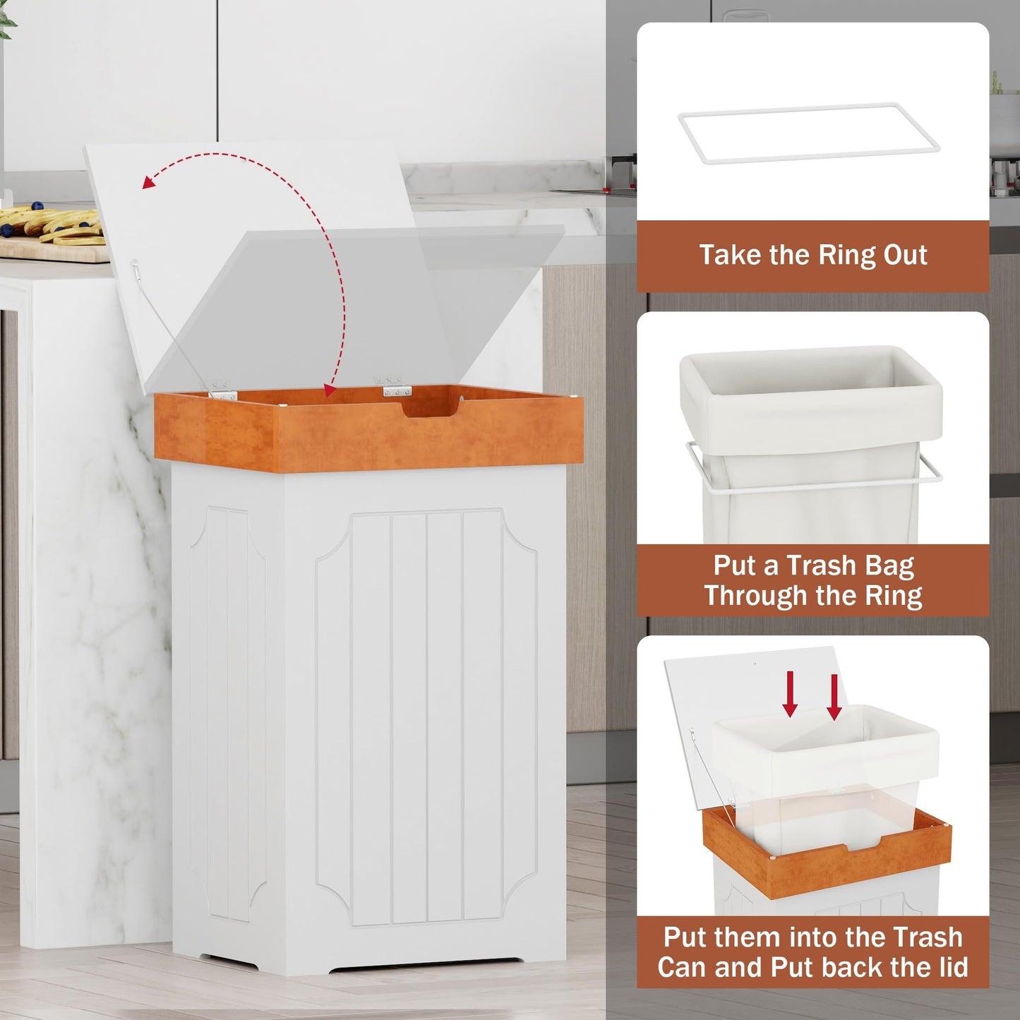 Function Home Trash Can Cabinet, 13 Gallon Kitchen Garbage Can, Wood Recycling Trash Bin, Freestanding Dog Proof Trash Can, Farmhouse Trash Cabinet with Lid for Home Kitchen Bathroom, White