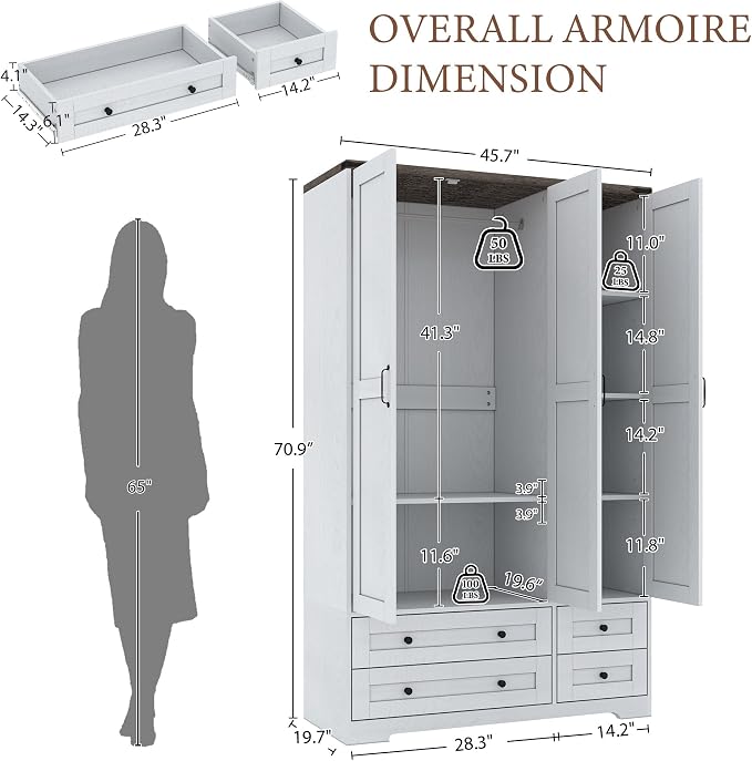 Brafab Armoire Wardrobe Closet with 3 Modern Doors and Mirror, 71" Tall Freestanding Cabinet with 4 Drawers, Hanging Rod, and 4 Shelves, Wooden Storage Organizer for Clothes, Bedroom