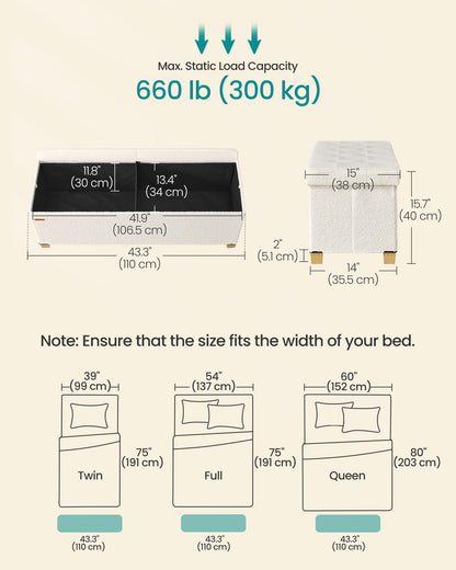 SONGMICS Storage Ottoman Bench with Legs, Folding Ottoman Foot Rest with Flipping Lid, Bench with Storage, for Living Room, Bedroom, Entryway, Teddy Fleece, 43.3 Inches, Cream White ULSF081WD01