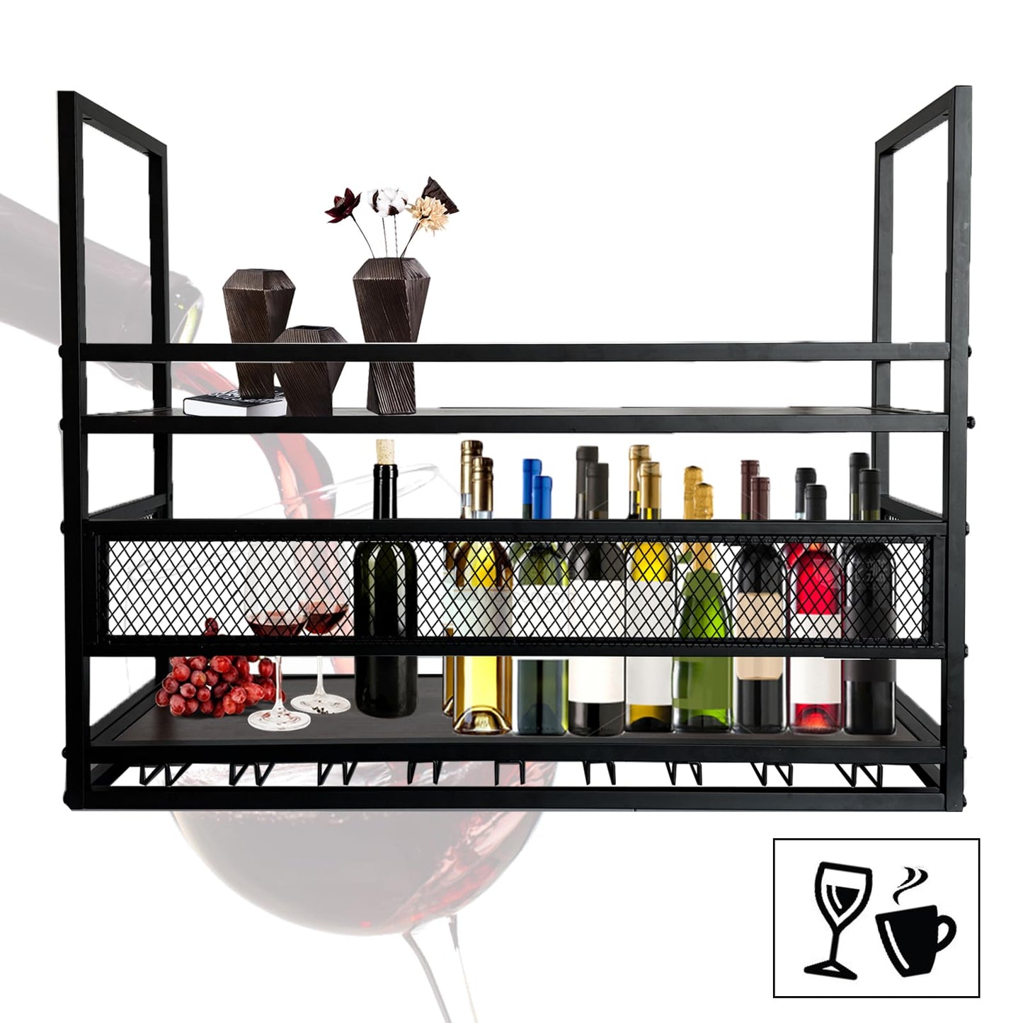 amhricho 39.3in Ceiling Wine Glass Rack, 2-Tier Wooden Hanging Wine Rack, Industrial Black Metal Hanging Wine Storage Holder, with Glass Holder for Restaurant, Bar (BLACK, 39.3 * 11.8 * 35.4INCH)