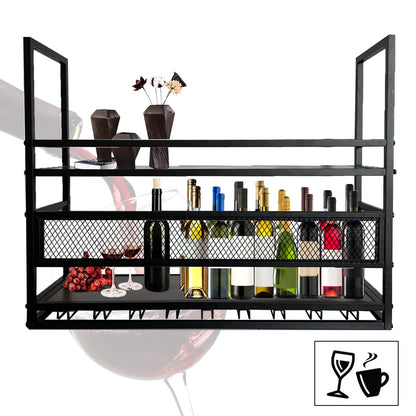 amhricho 39.3in Ceiling Wine Glass Rack, 2-Tier Wooden Hanging Wine Rack, Industrial Black Metal Hanging Wine Storage Holder, with Glass Holder for Restaurant, Bar (BLACK, 39.3 * 11.8 * 35.4INCH)