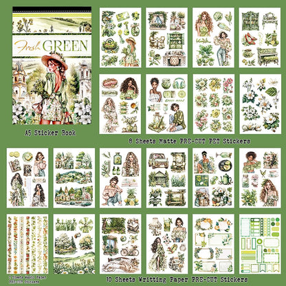 Dwpetzo Fresh Green Scrapbook Sticker Book for Scrapbooking, A5 Size, Assorted PET Washi Paper Materials, 20 Sheets Diecut Journaling Stickers for Adults, Junk Journal Supplies, Collage, Crafts Arts