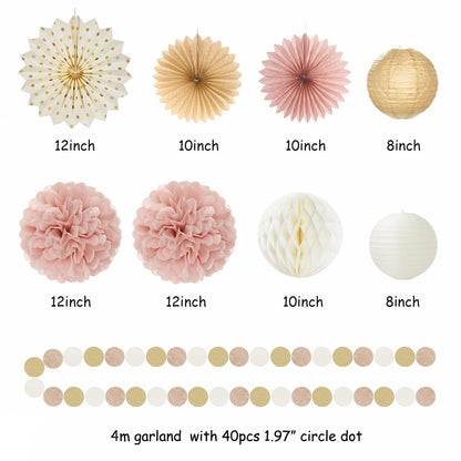 Pink Rose-Gold Champagne-Beige Birthday Party-Decorations - 19pcs Boho Rustic Streamers Banner,Paper Star Garland Lanterns Honeycomb Fan,Tissue Pom Poms,Wall Ceiling Backdrop Supplies Ouruola
