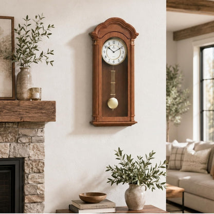 Grandfather Wall Clock with Pendulum — Large Hanging Wooden Battery Operated Non-Chiming Clock 26 x 12 inch - Quiet, Solid Wood Clock for Living Room, Entryway & Home Décor